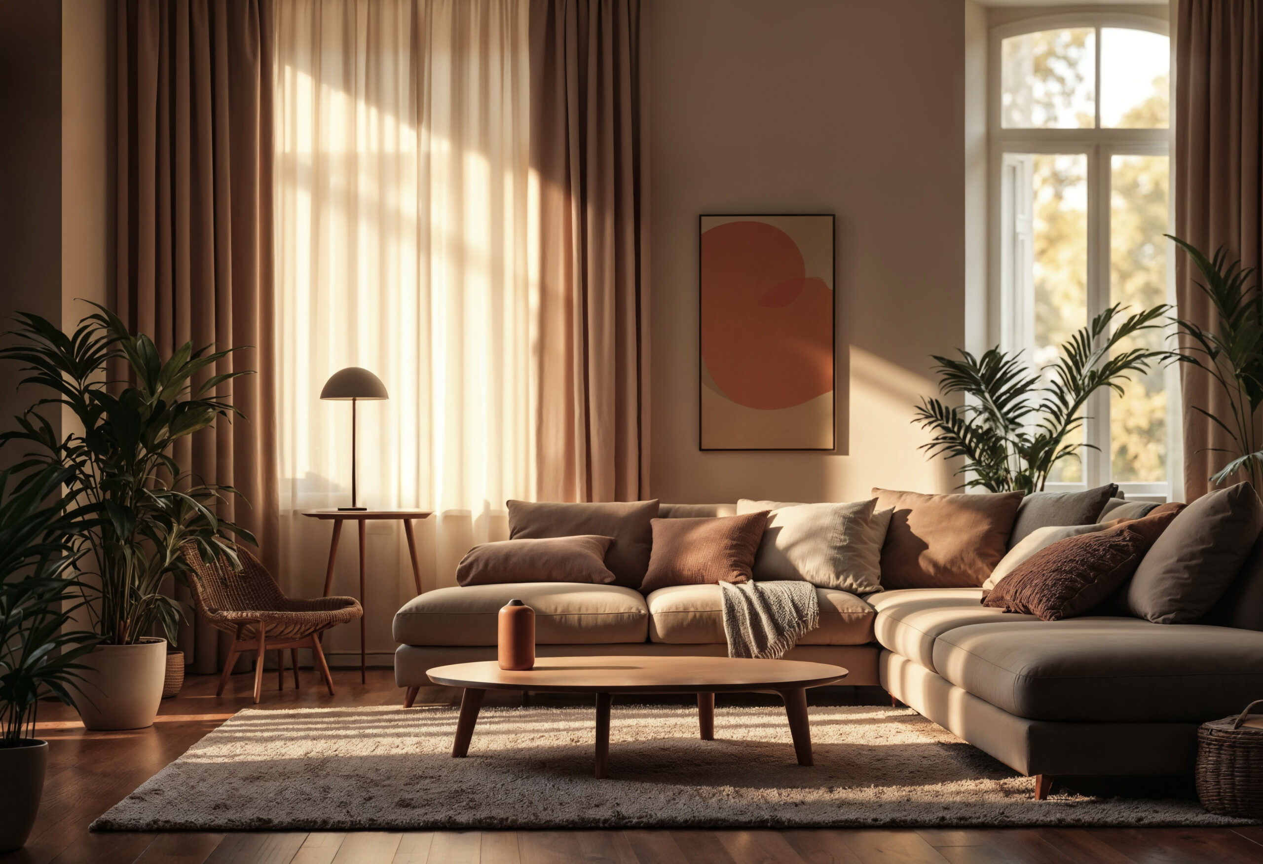 cozy stylish living room with neutral tones natural light