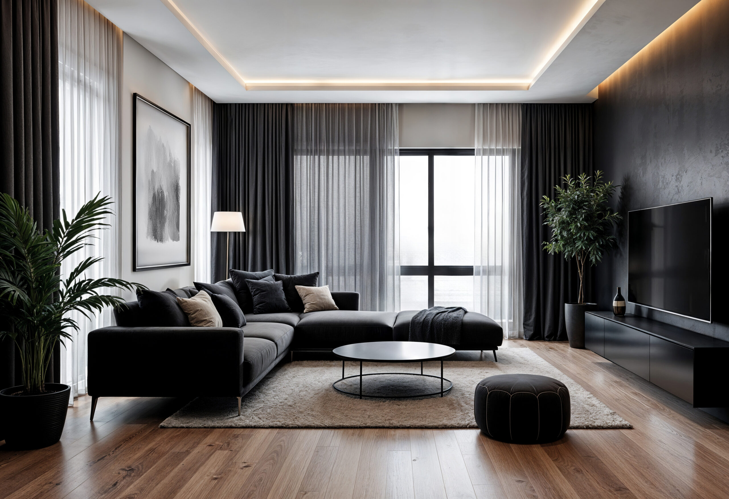 luxurious modern living room with dark accents