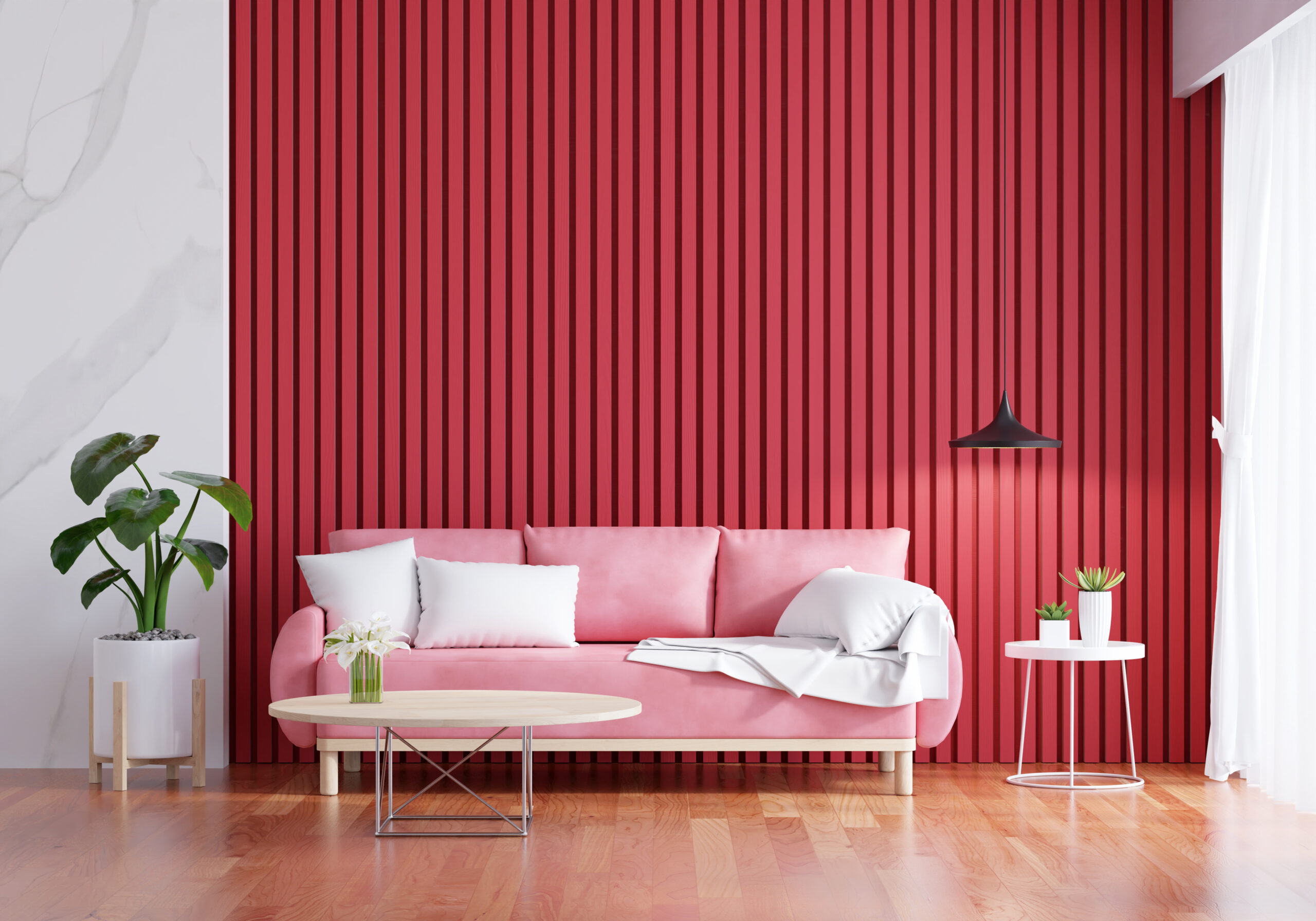 Pink sofa in red living room interior with copy space for mock up,3D rendering